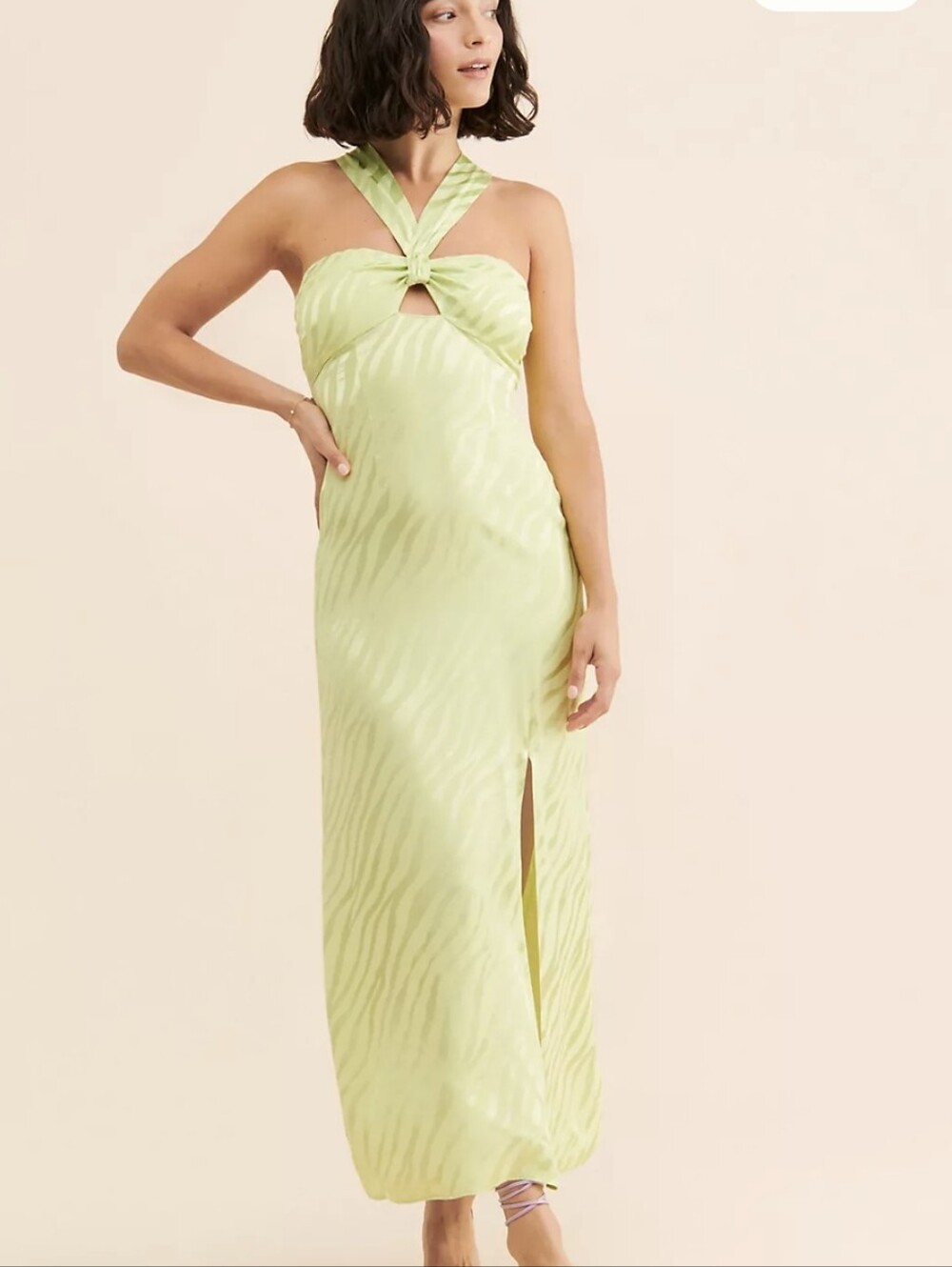 Anthropologie Saylor Conner Animal Print Satin Halter Midi Dress in Lime - Med